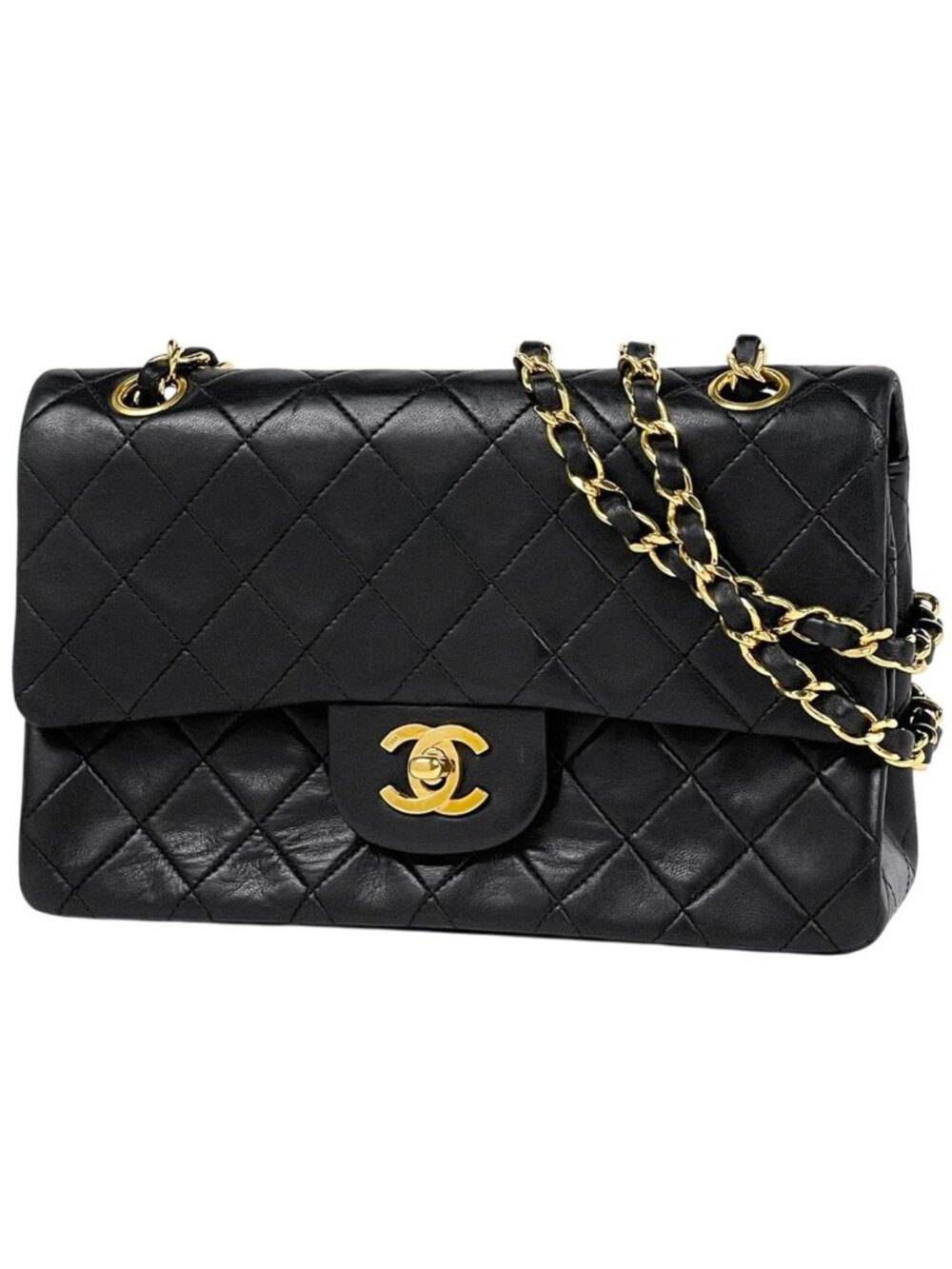 Chanel Quilted Double Flap Chain Shoulder Bag CC Logo Leather Black